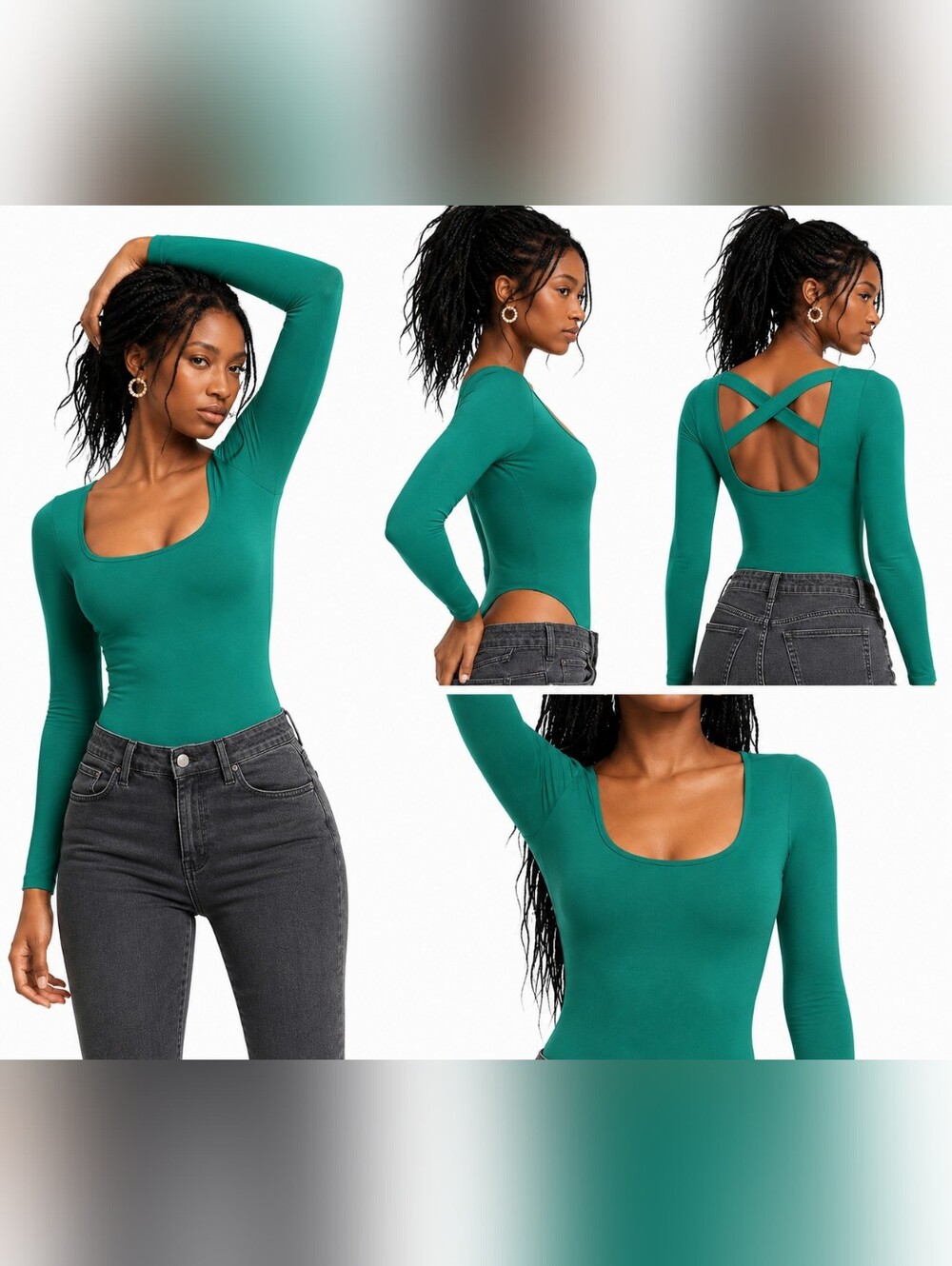 NEW Anthropologie Viviette Long Sleeve Bodysuit Emerald Green Strappy Cross Back